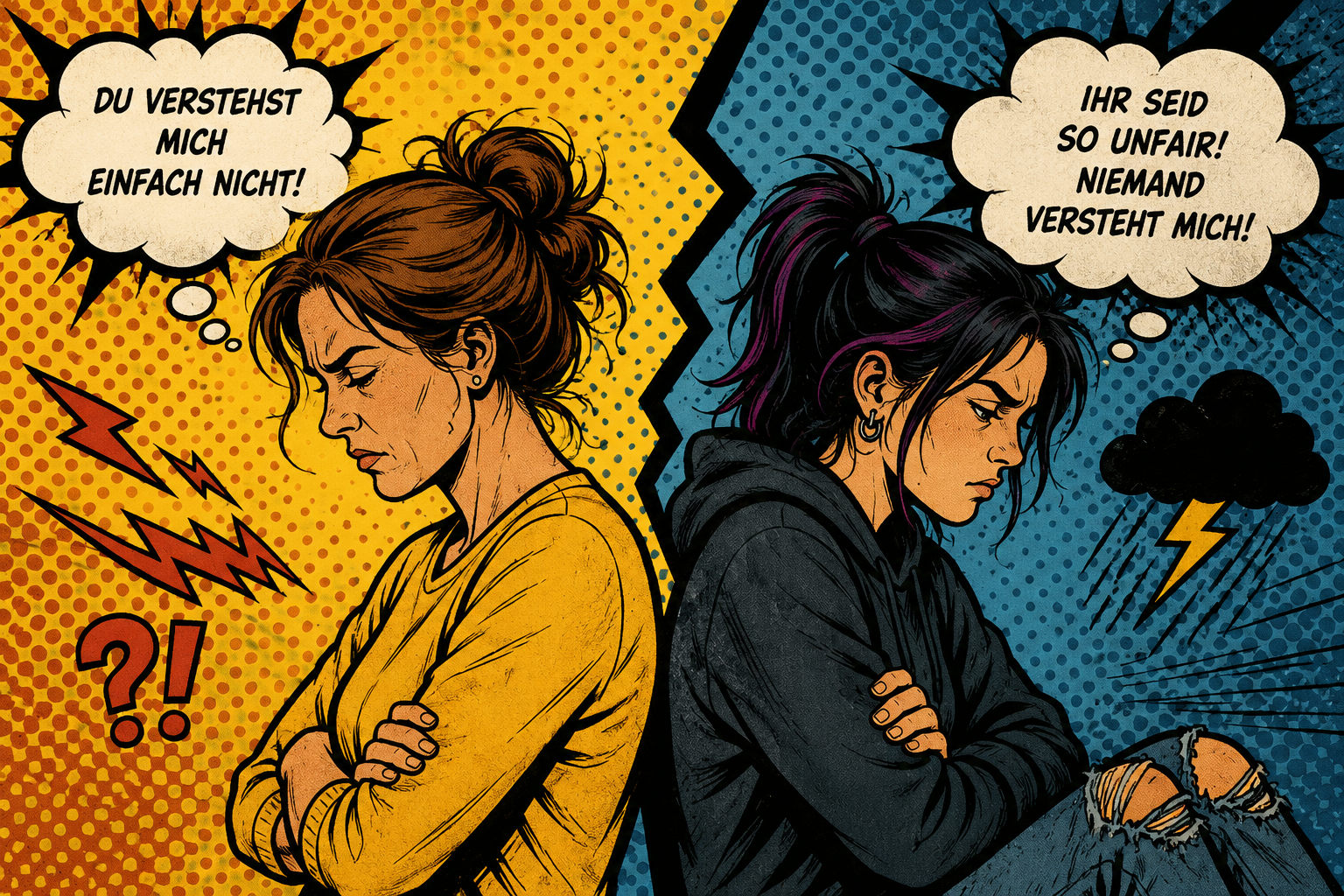 Comic: Mutter und Teenager Rücken an Rücken: 'Du verstehst mich einfach nicht!' und 'Ihr seid so unfair! Niemand versteht mich!'