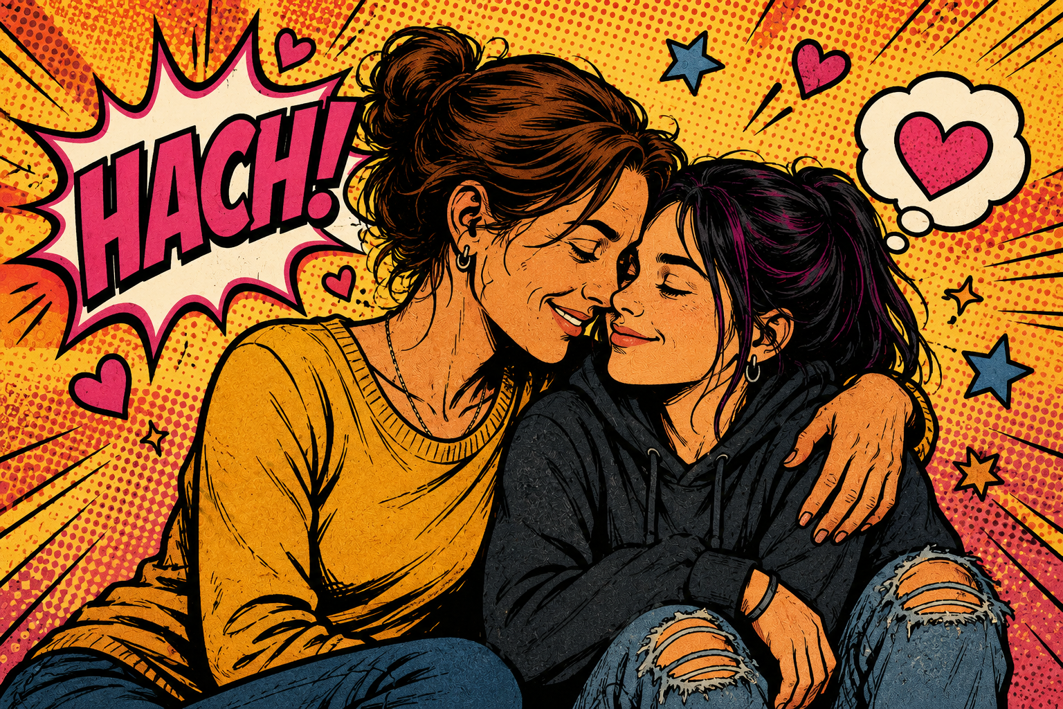 Comic: Mutter und Teenager Wange an Wange, versöhnt: 'HACH!' mit Herzen