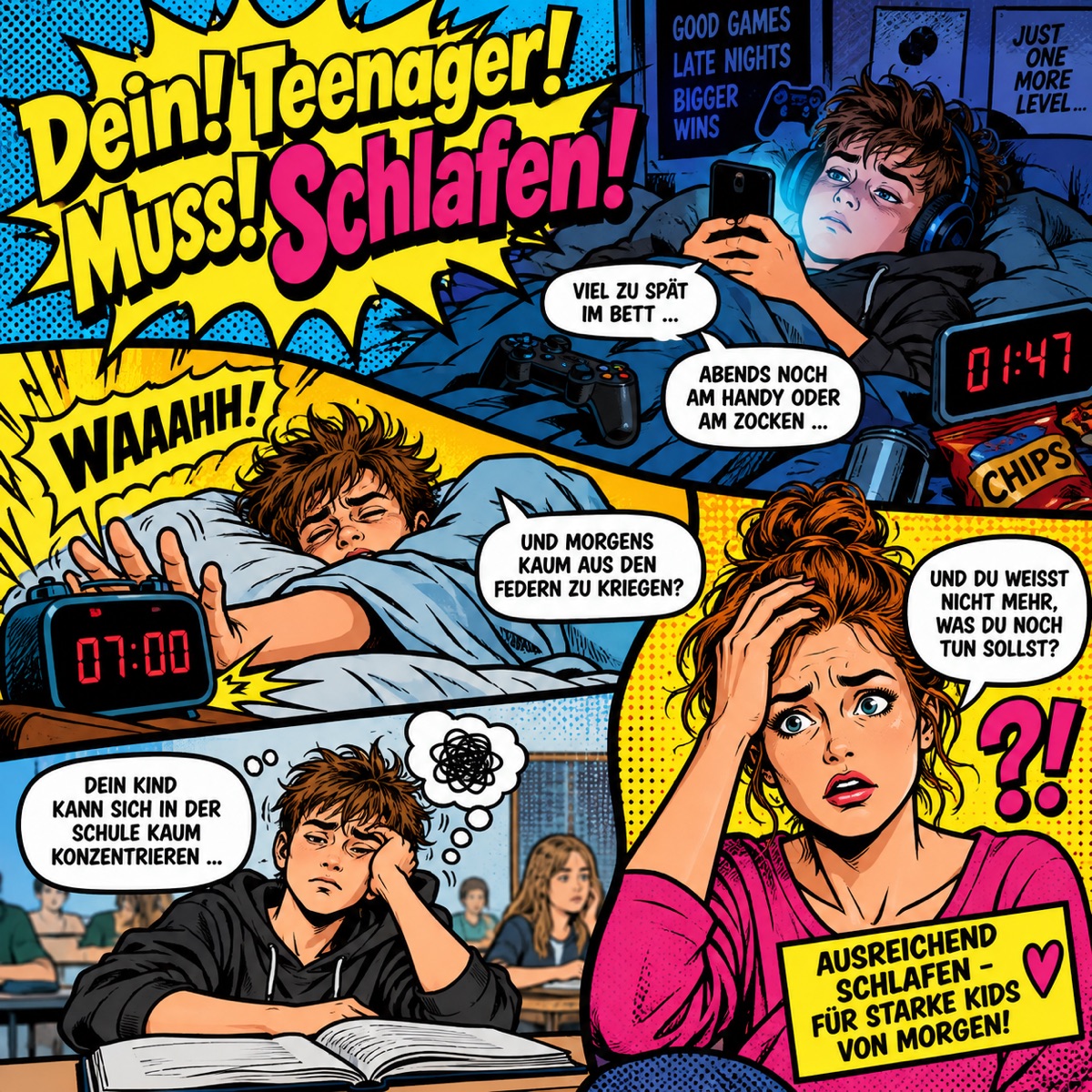 Pop-Art-Comic: müder Teenager, der abends noch hellwach am Handy hängt, während die Mutter längst erschöpft ist, dein Teenager muss schlafen.
